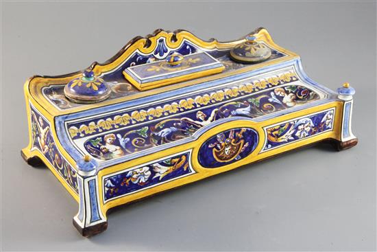 A Gien faience inkstand, c.1880, width 12in.